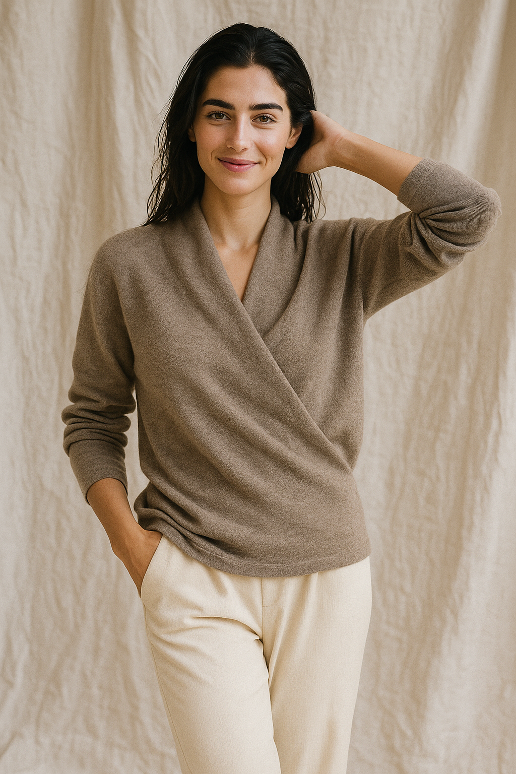 Delphine | Textured Wrap Front Shawl Collar Knit Sweater - View 14