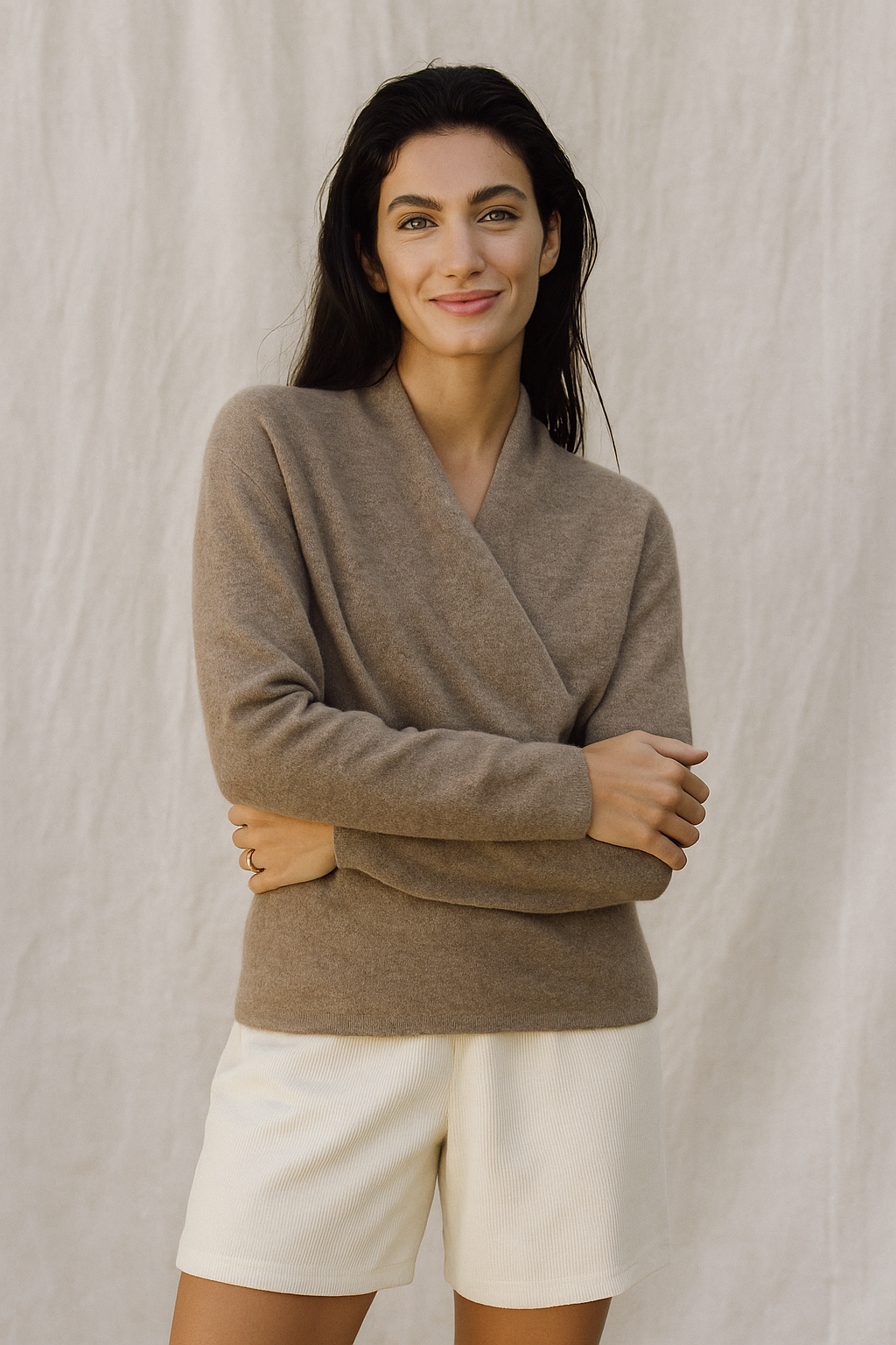 Delphine | Textured Wrap Front Shawl Collar Knit Sweater - View 15