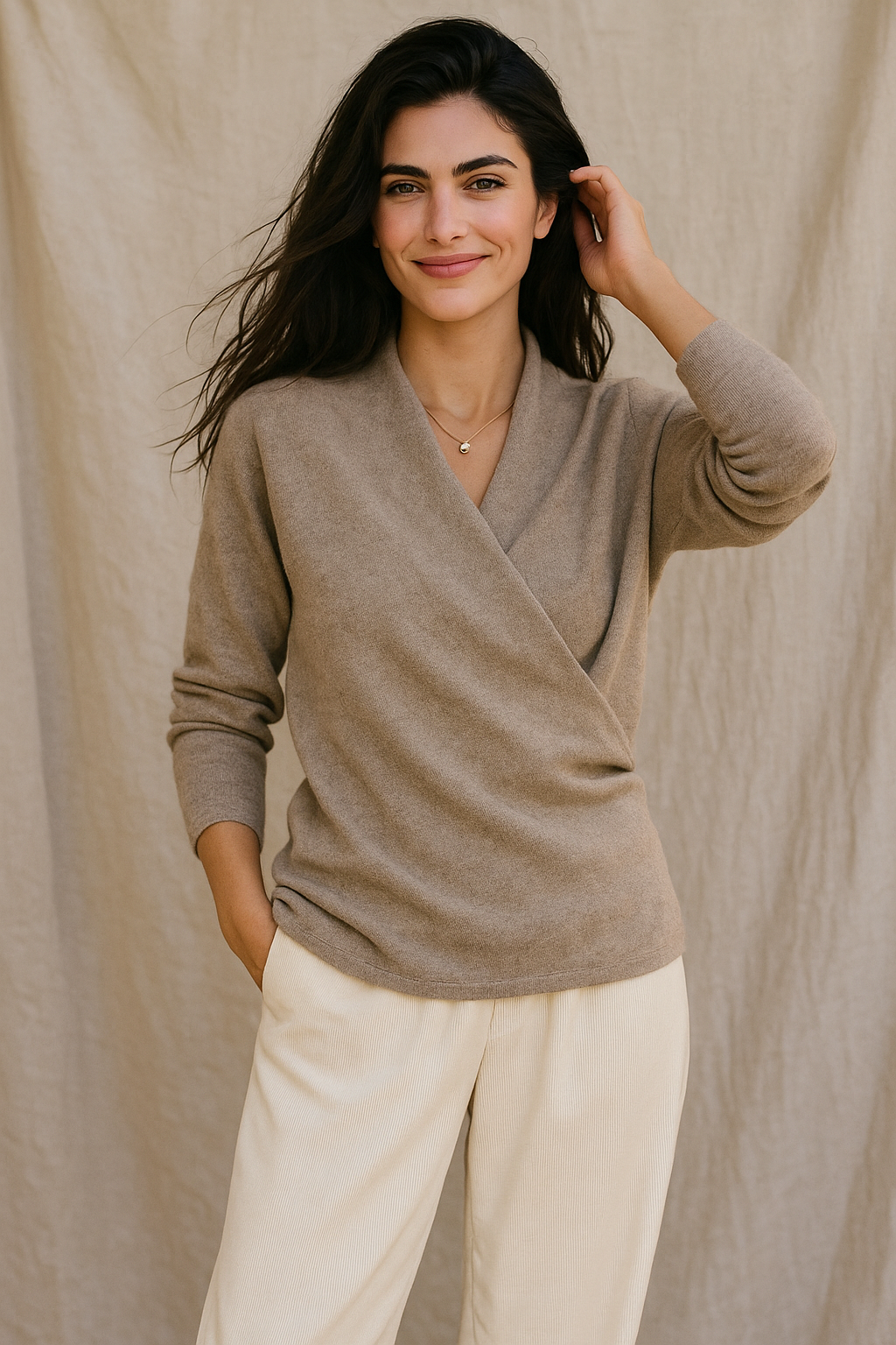 Delphine | Textured Wrap Front Shawl Collar Knit Sweater - View 16