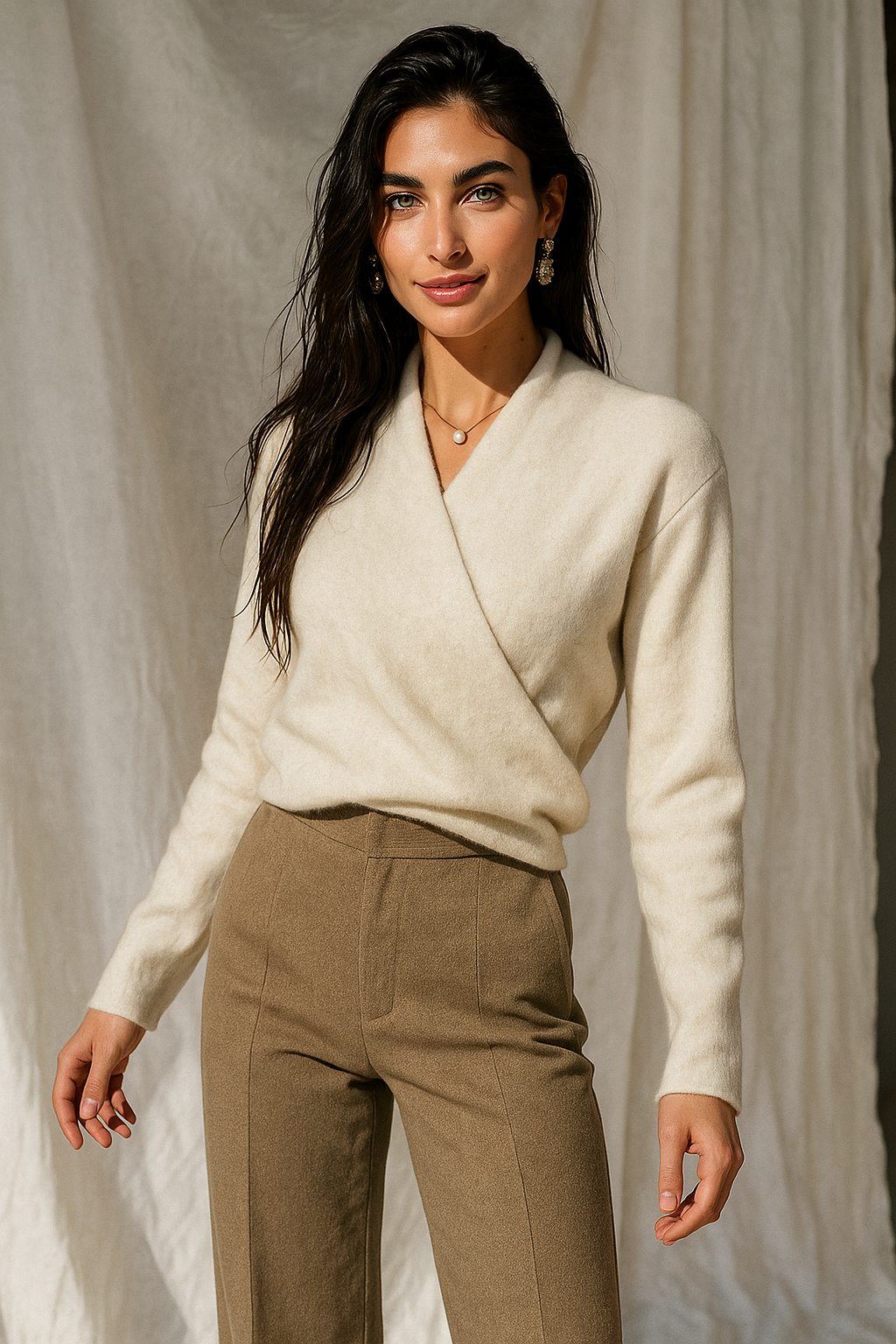 Delphine | Textured Wrap Front Shawl Collar Knit Sweater - View 21