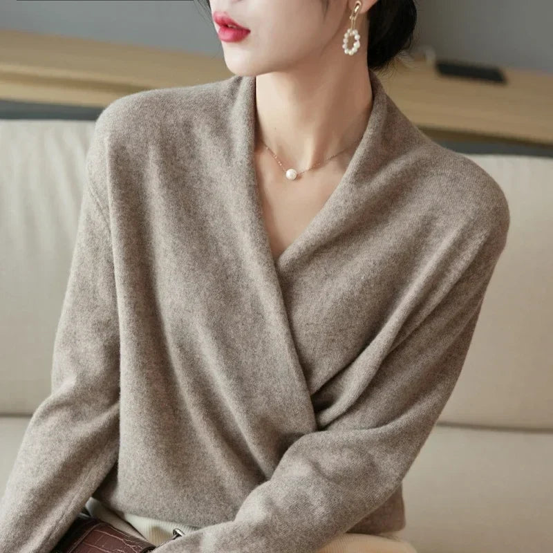 Delphine | Textured Wrap Front Shawl Collar Knit Sweater - View 27