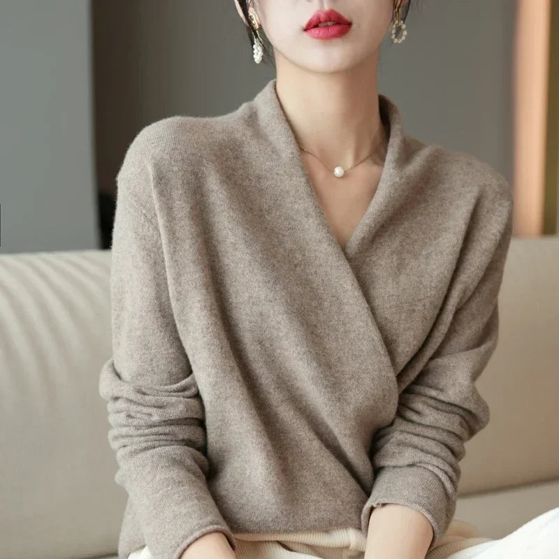 Delphine | Textured Wrap Front Shawl Collar Knit Sweater - View 28