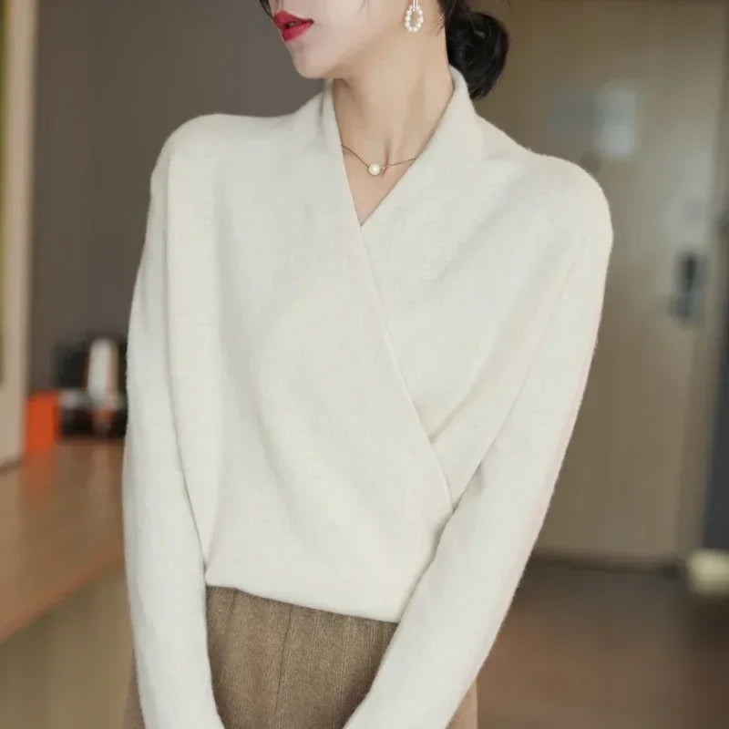 Delphine | Textured Wrap Front Shawl Collar Knit Sweater - View 30