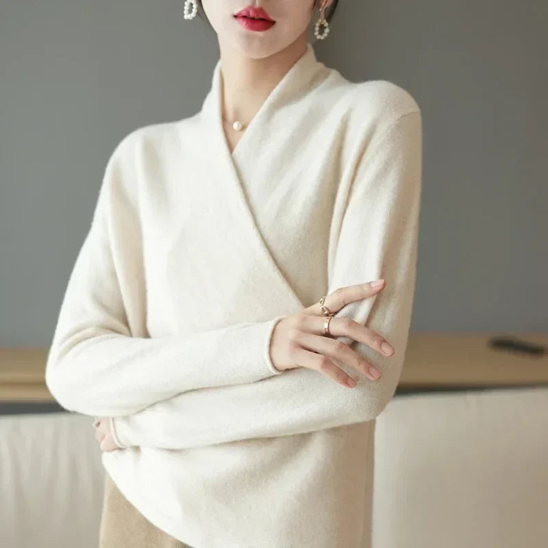 Delphine | Textured Wrap Front Shawl Collar Knit Sweater - View 31