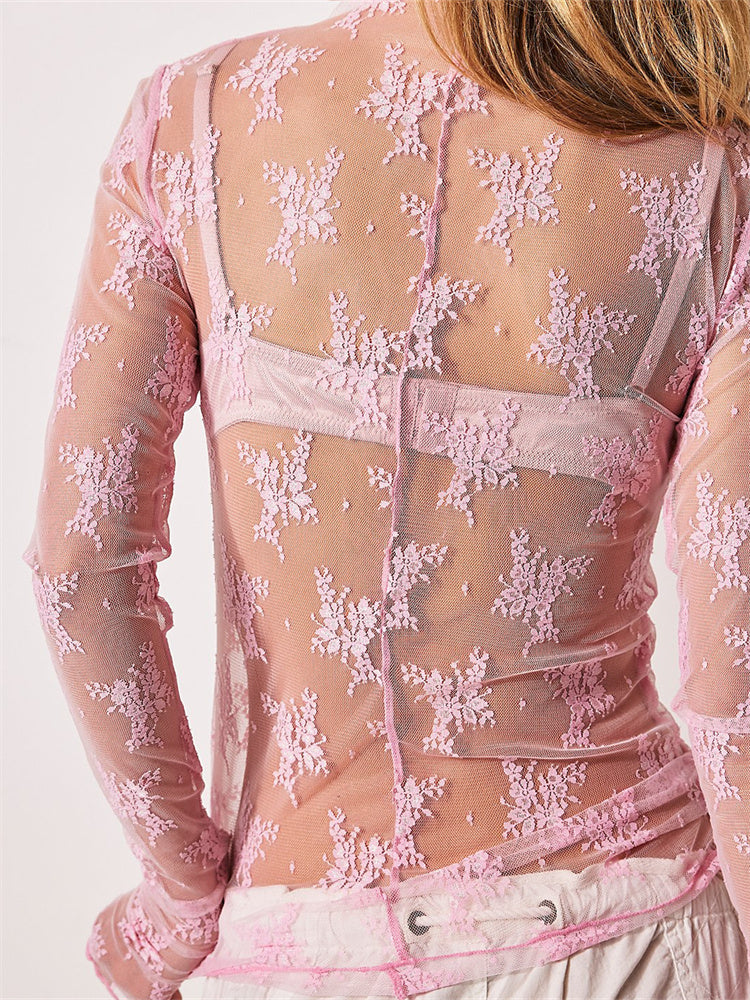 Devon | Sheer Floral Lace Mock Neck Long Sleeve Top - View 10