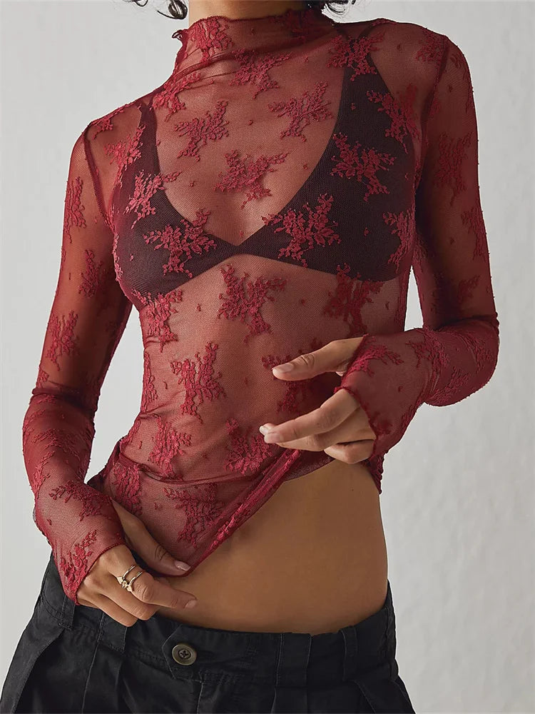 Devon | Sheer Floral Lace Mock Neck Long Sleeve Top - View 11