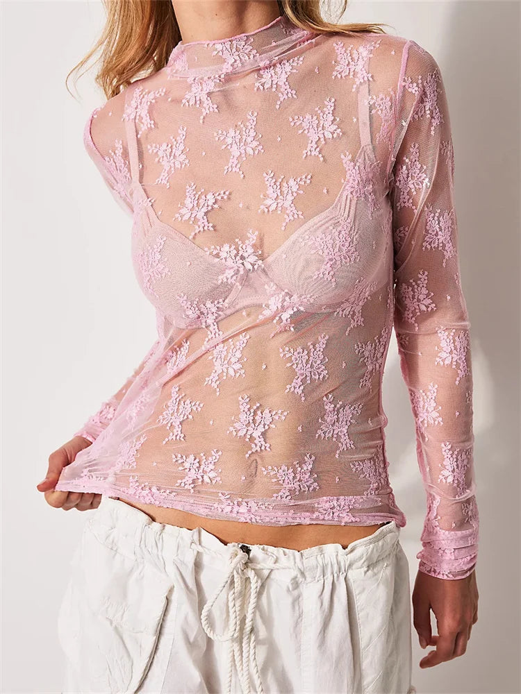 Devon | Sheer Floral Lace Mock Neck Long Sleeve Top - View 3