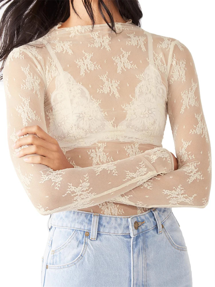 Devon | Sheer Floral Lace Mock Neck Long Sleeve Top - View 4