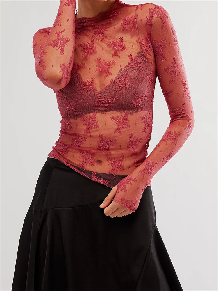 Devon | Sheer Floral Lace Mock Neck Long Sleeve Top - View 5