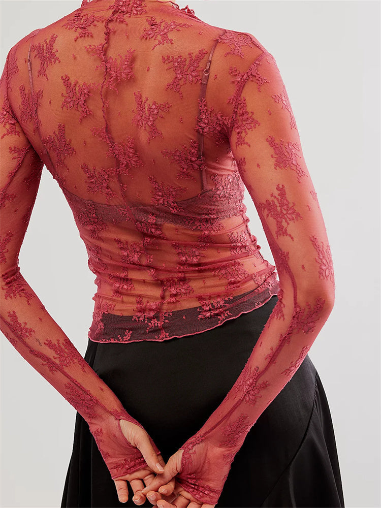 Devon | Sheer Floral Lace Mock Neck Long Sleeve Top - View 6