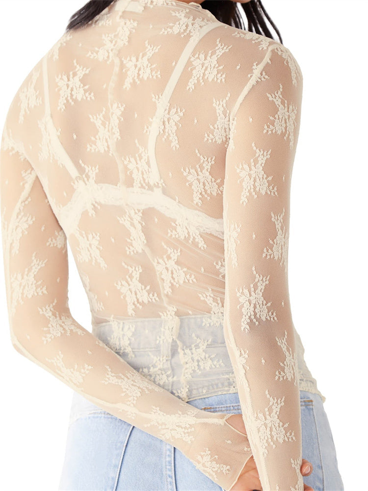 Devon | Sheer Floral Lace Mock Neck Long Sleeve Top - View 9