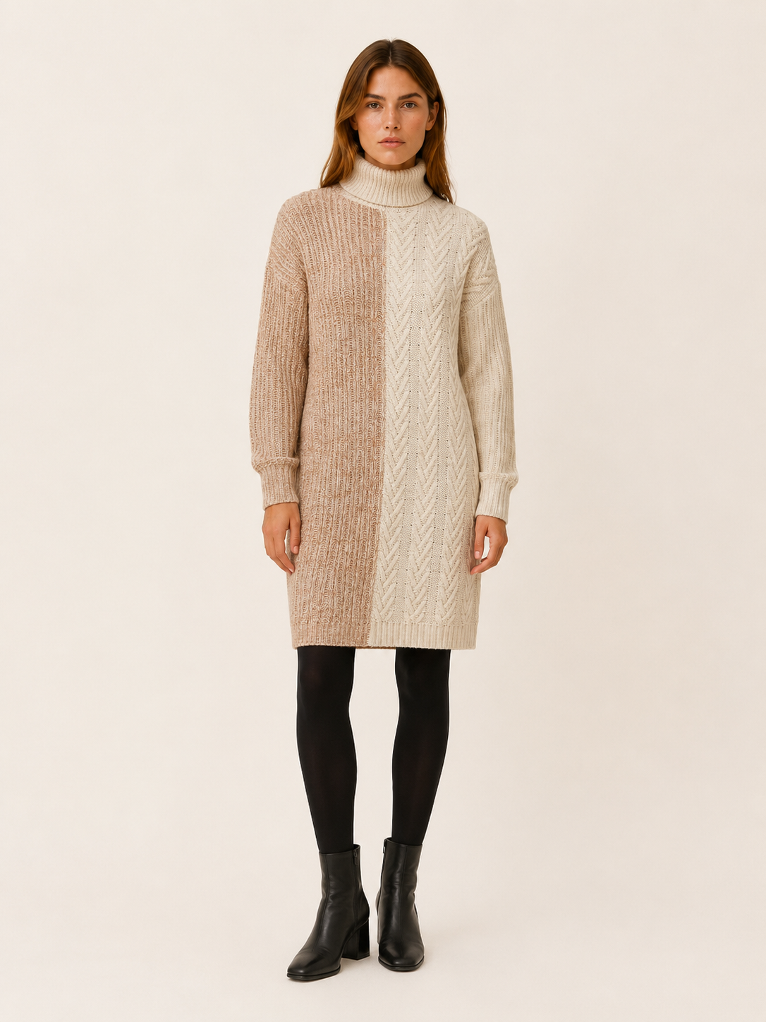 Edith | Two Tone Split Panel Roll Neck Knit Mini Dress