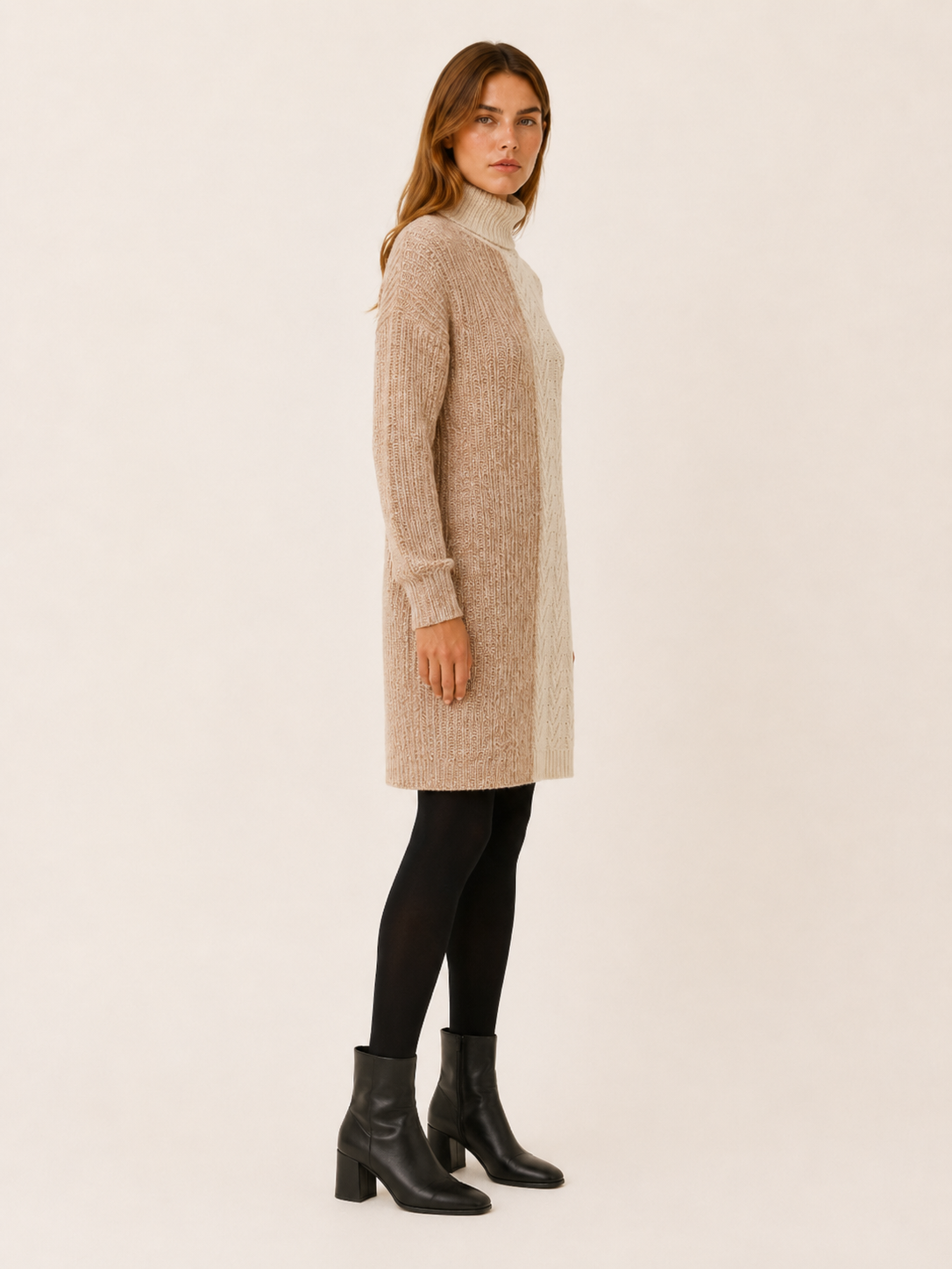 Edith | Two Tone Split Panel Roll Neck Knit Mini Dress - View 3