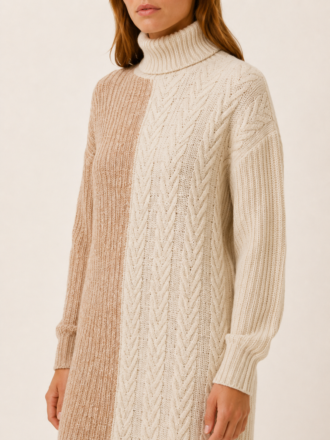 Edith | Two Tone Split Panel Roll Neck Knit Mini Dress - View 4