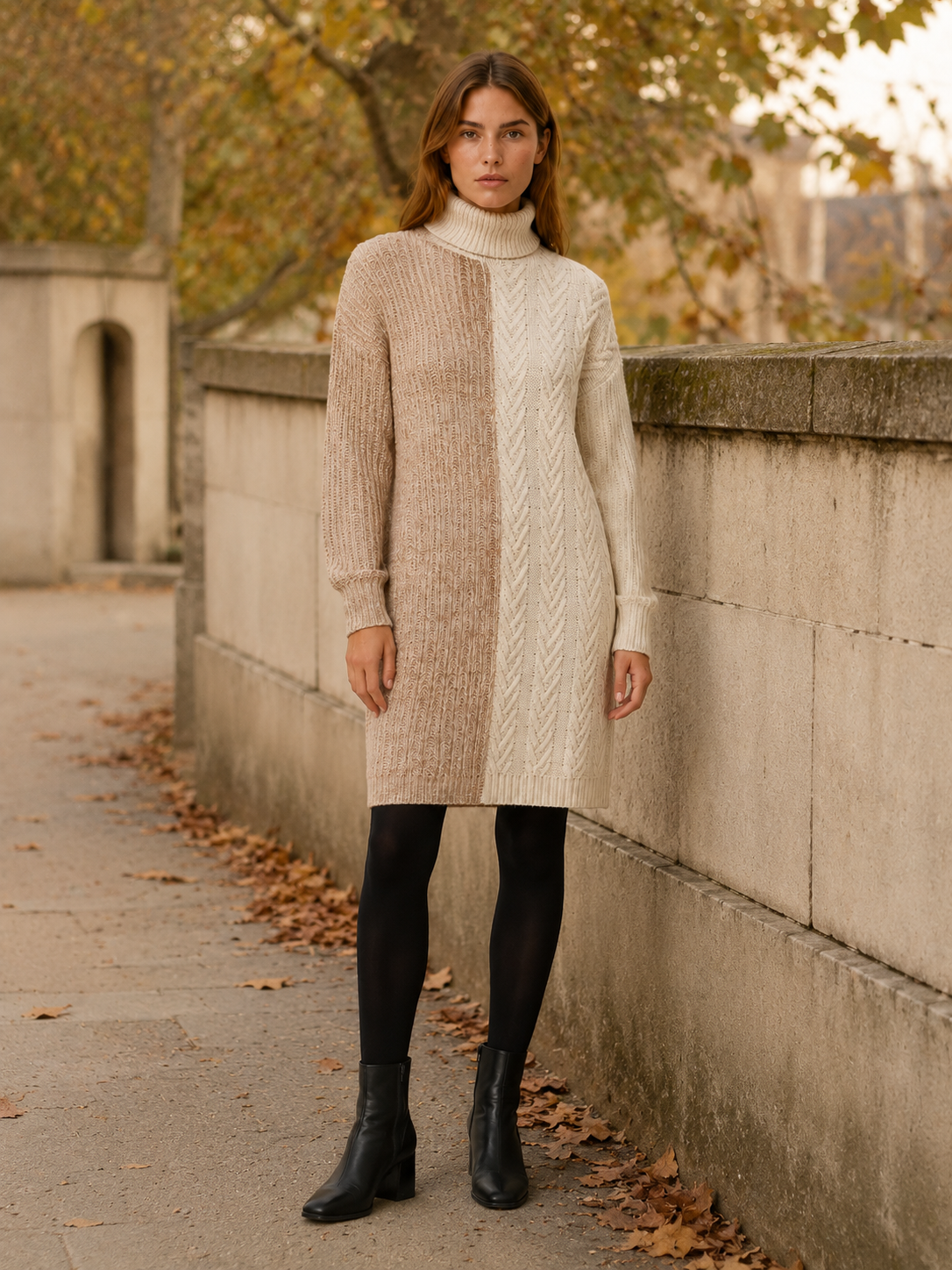 Edith | Two Tone Split Panel Roll Neck Knit Mini Dress - View 5