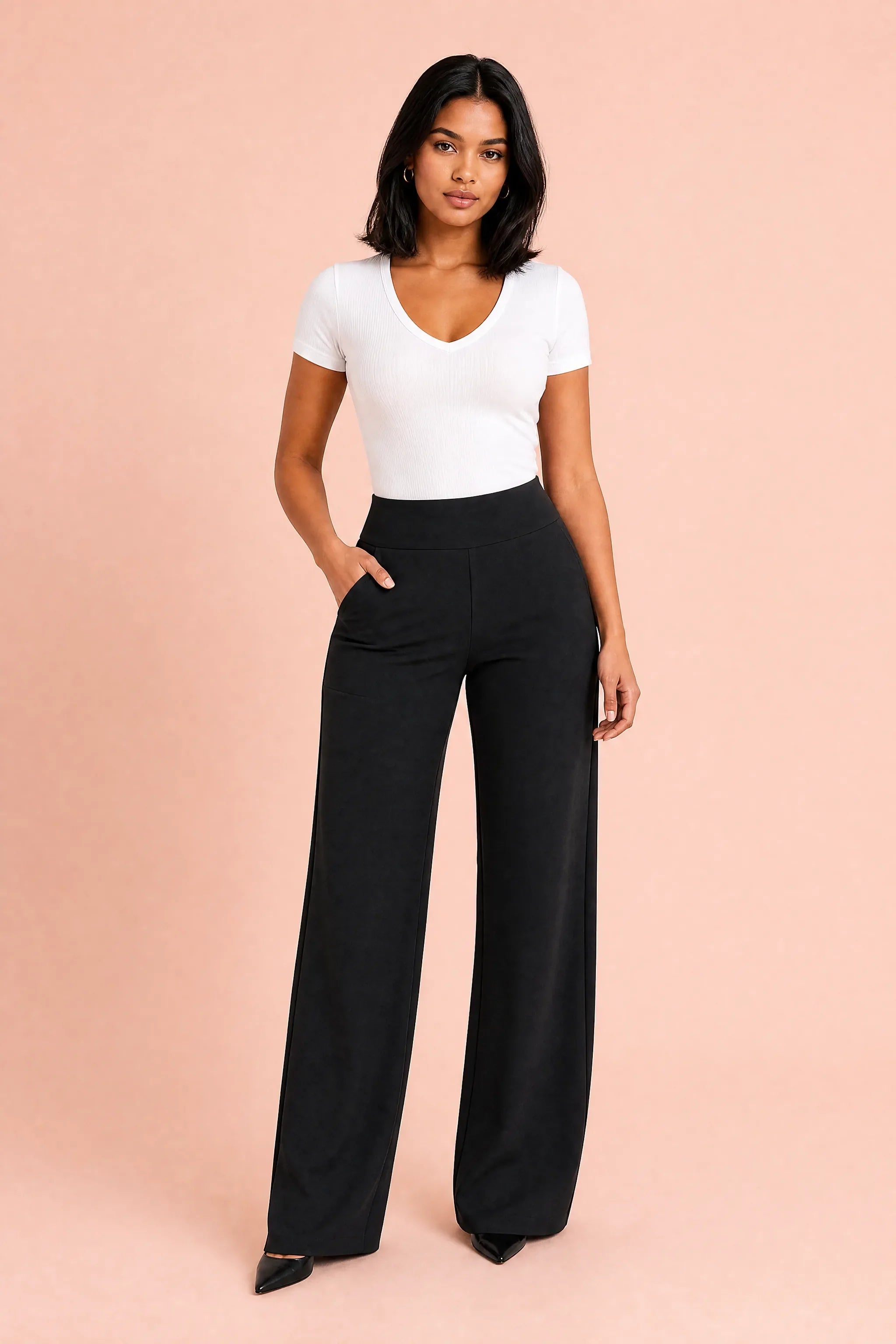 Elinor | Pull On Flat Waistband Jersey Wide Leg Trousers