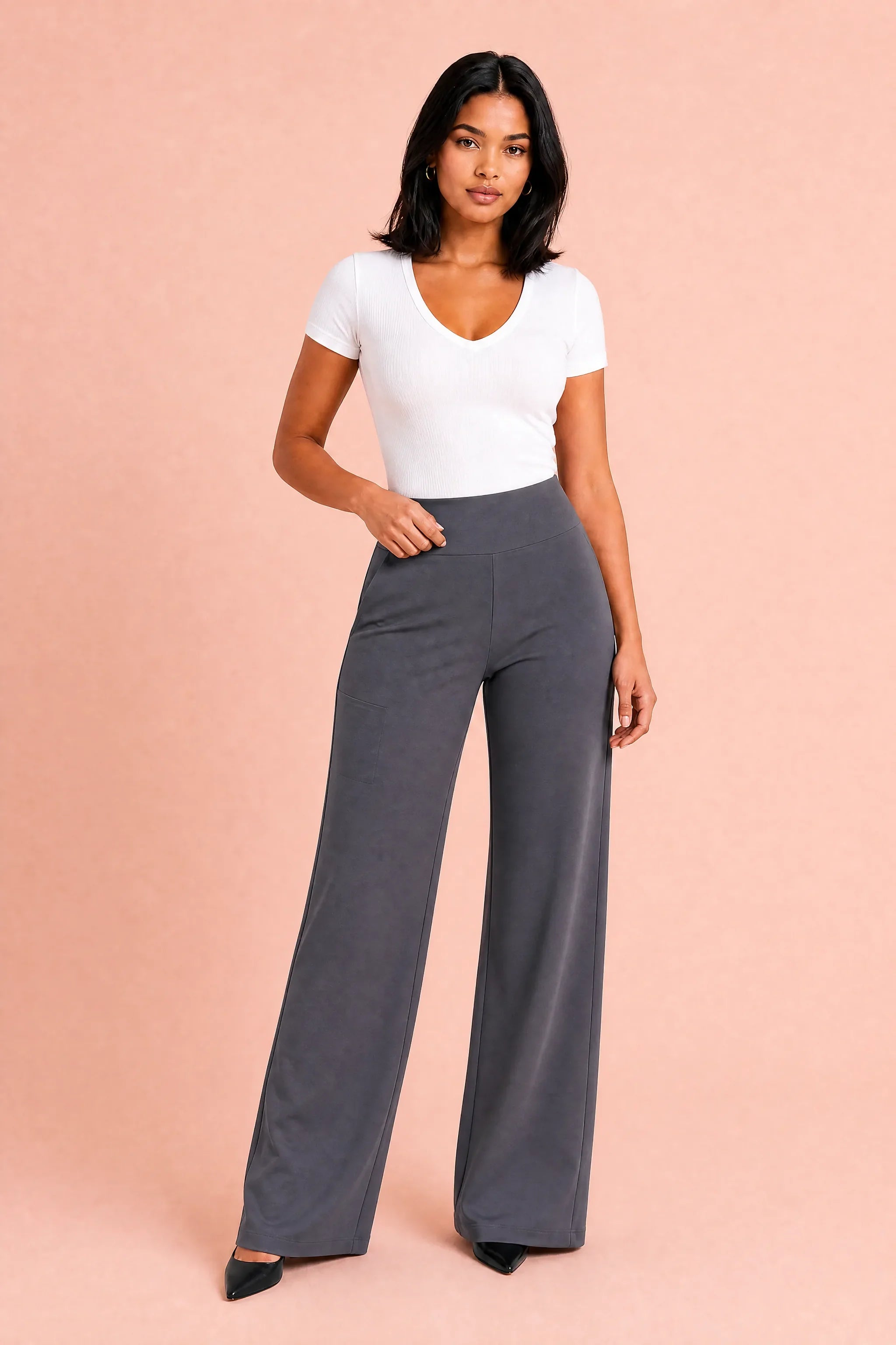 Elinor | Pull On Flat Waistband Jersey Wide Leg Trousers - View 11