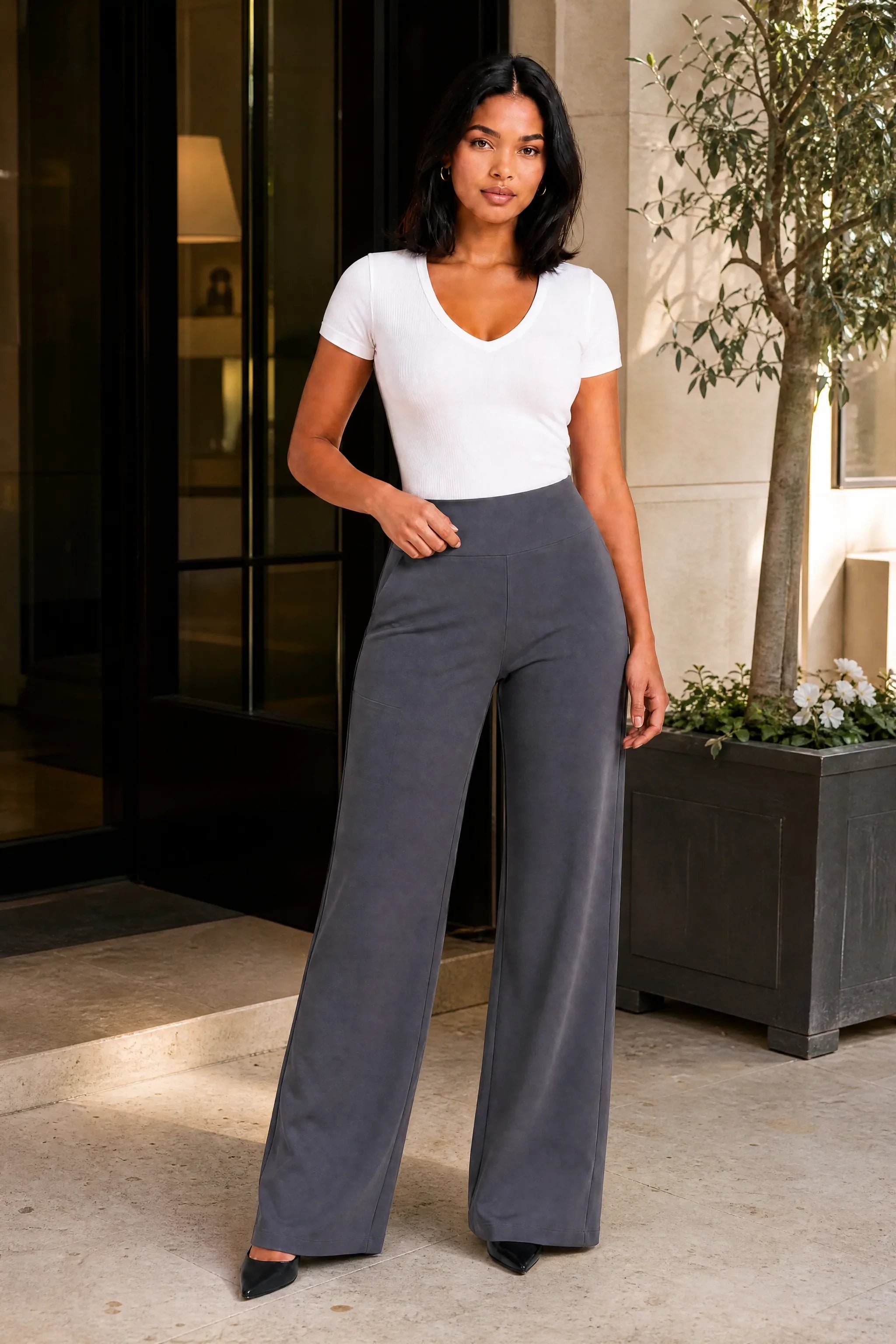 Elinor | Pull On Flat Waistband Jersey Wide Leg Trousers - View 12