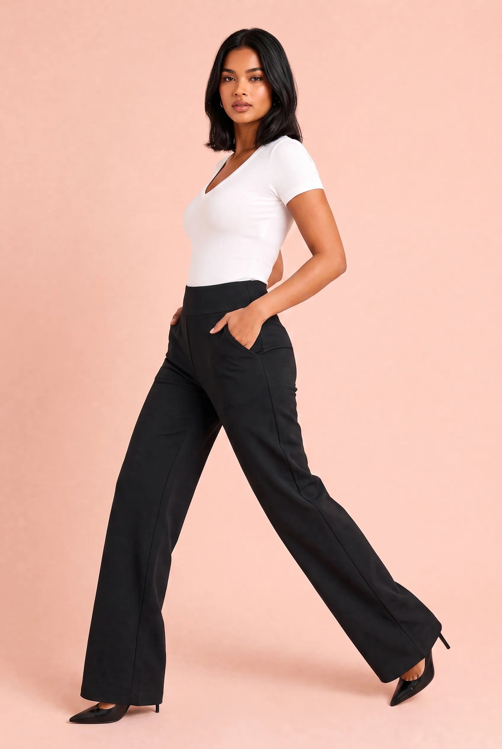 Elinor | Pull On Flat Waistband Jersey Wide Leg Trousers - View 5