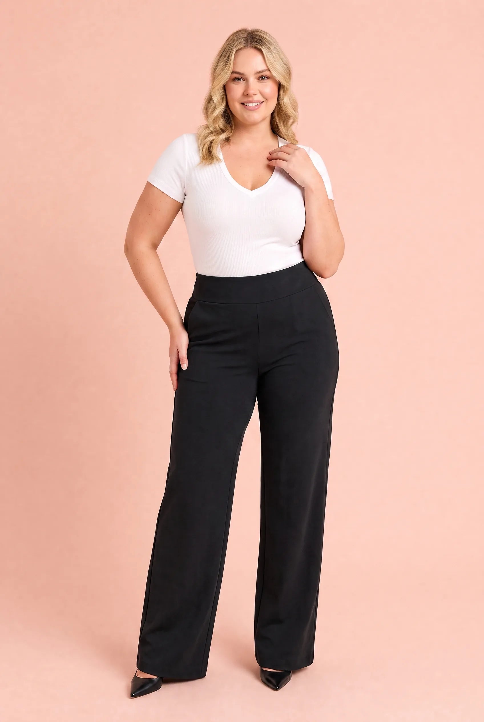 Elinor | Pull On Flat Waistband Jersey Wide Leg Trousers - View 7