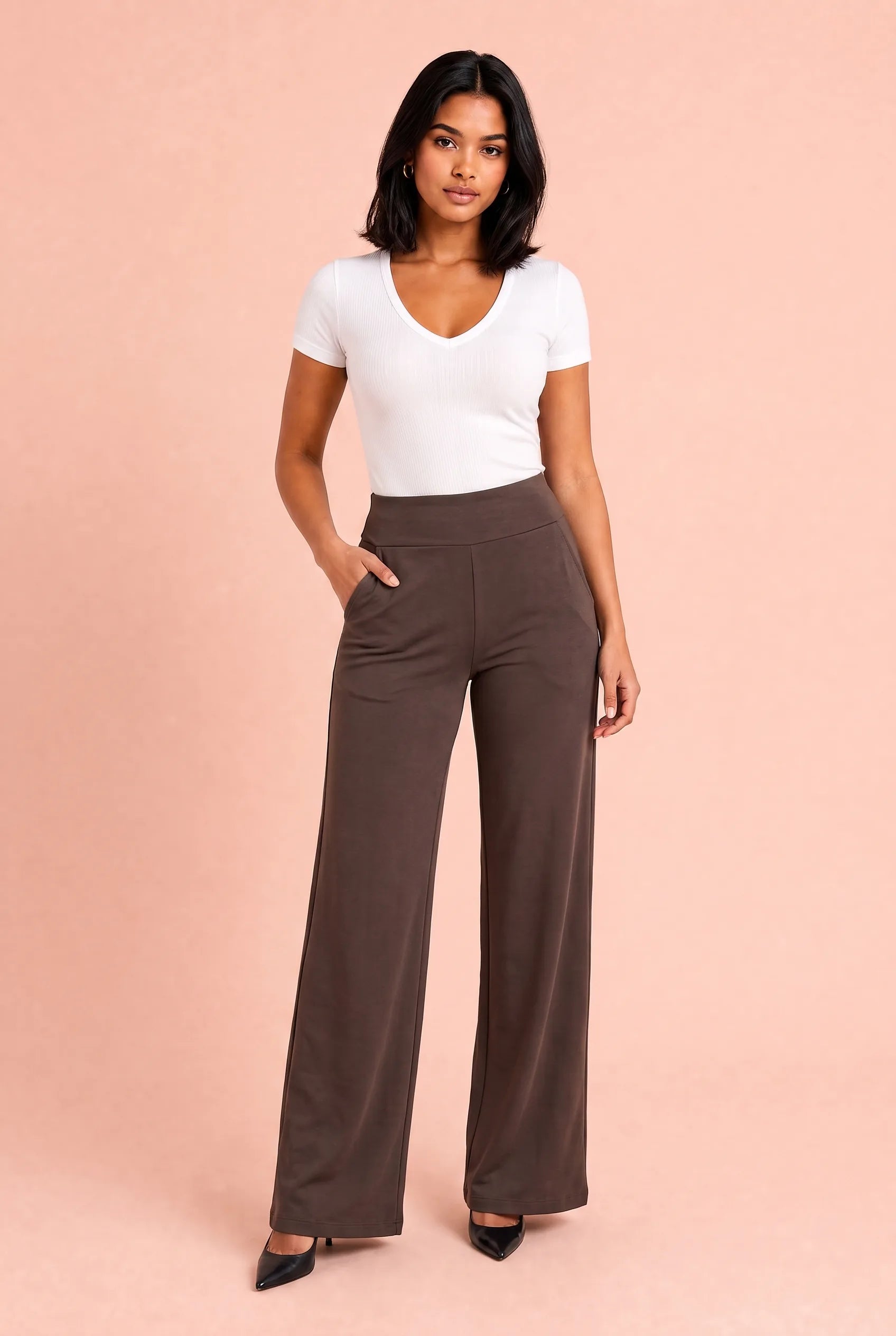 Elinor | Pull On Flat Waistband Jersey Wide Leg Trousers - View 9