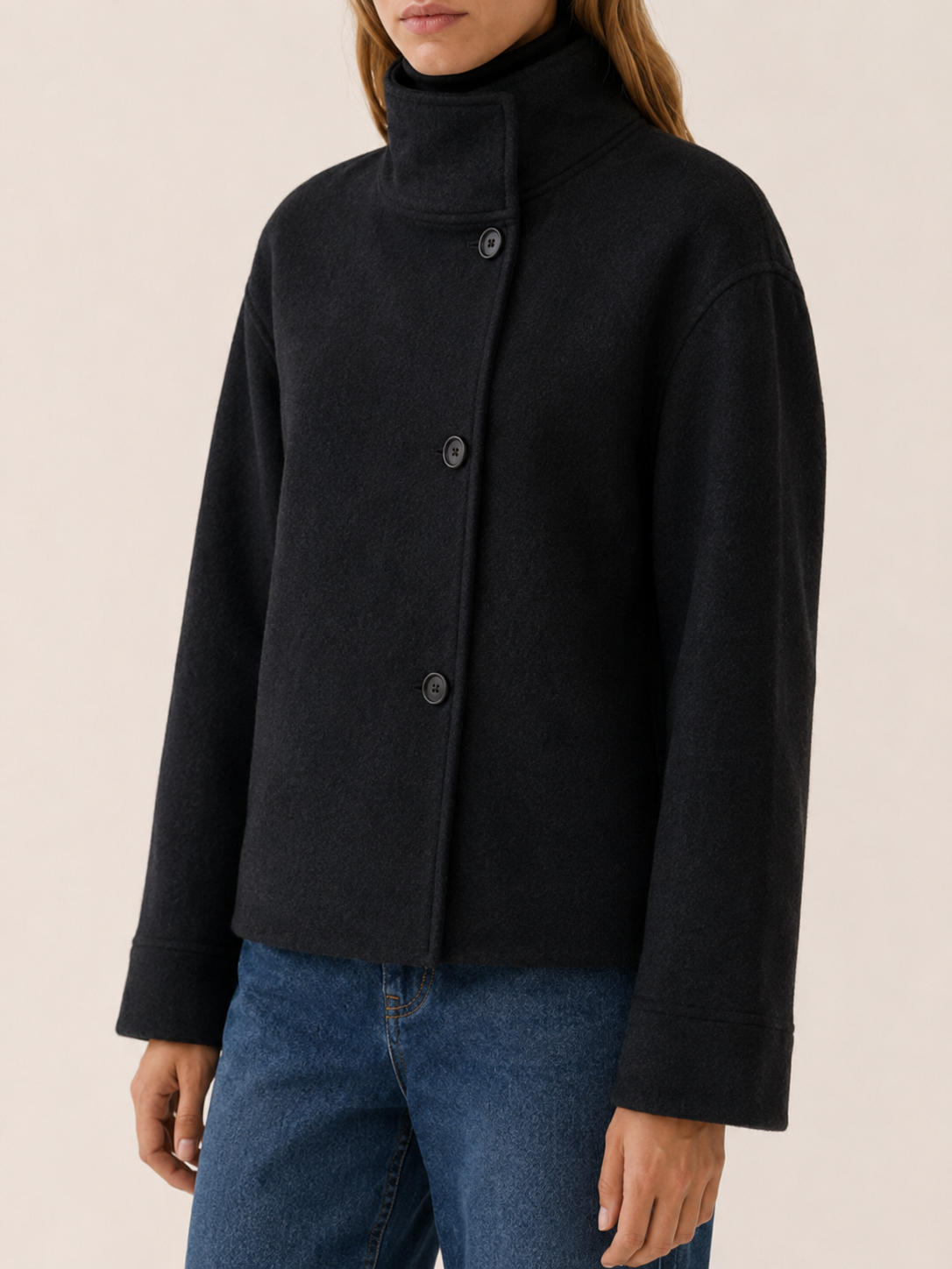 Eloise | Asymmetric Button Stand Collar Boxy Short Coat - View 4