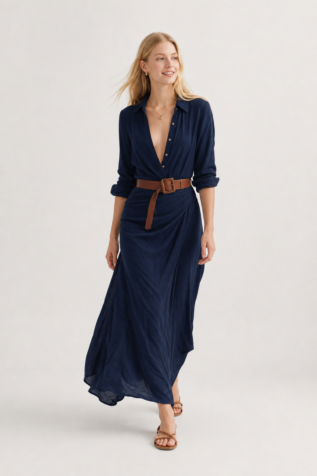 Elowen | Collared Button Front Draped Maxi Shirt Dress - View 15