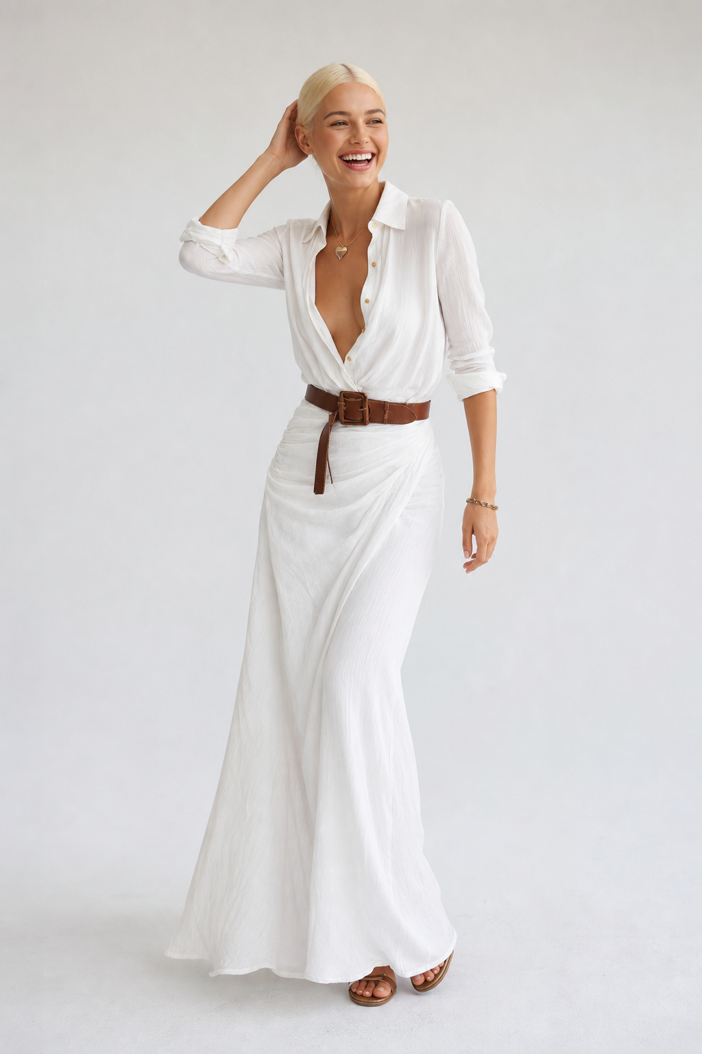 Elowen | Collared Button Front Draped Maxi Shirt Dress - View 16