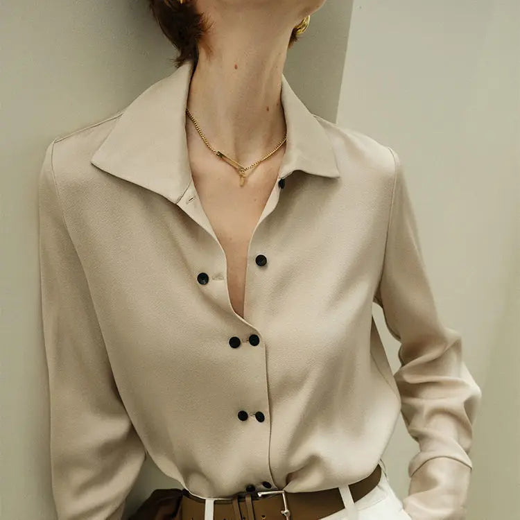 Elsie | Contrast Snap Button Pointed Collar Crepe Blouse - View 10