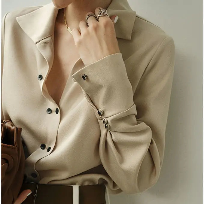 Elsie | Contrast Snap Button Pointed Collar Crepe Blouse - View 11