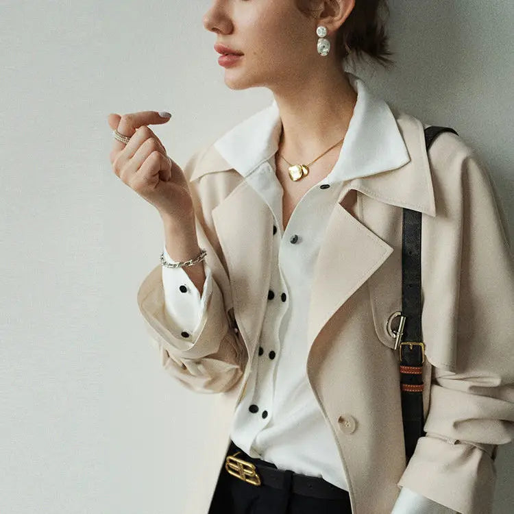 Elsie | Contrast Snap Button Pointed Collar Crepe Blouse - View 12