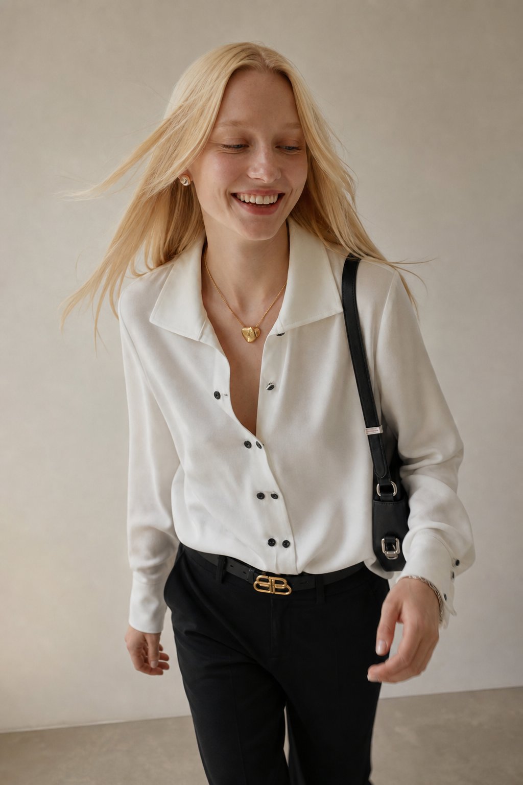 Elsie | Contrast Snap Button Pointed Collar Crepe Blouse - View 2