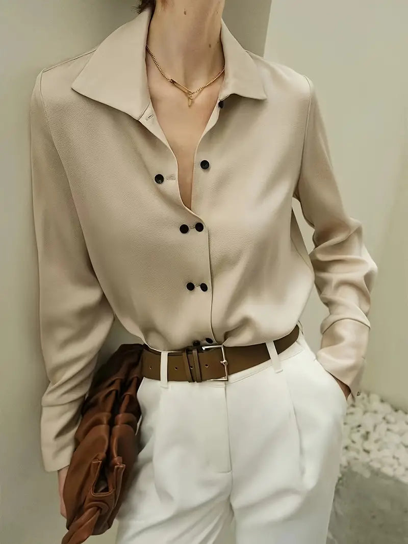 Elsie | Contrast Snap Button Pointed Collar Crepe Blouse - View 5