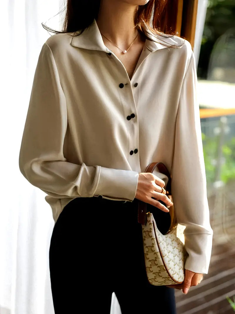 Elsie | Contrast Snap Button Pointed Collar Crepe Blouse - View 6