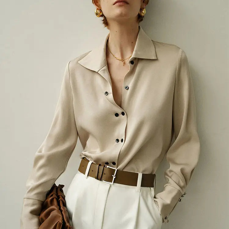Elsie | Contrast Snap Button Pointed Collar Crepe Blouse - View 8
