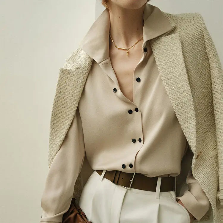 Elsie | Contrast Snap Button Pointed Collar Crepe Blouse - View 9