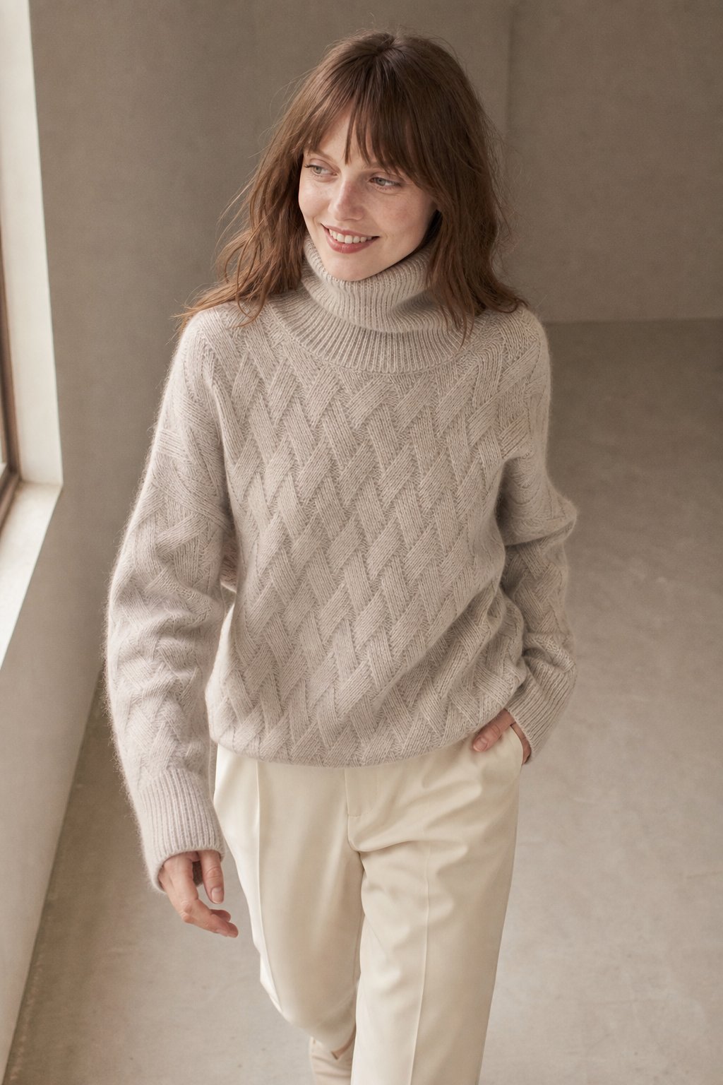 Elspeth | Drop Shoulder Cable Knit Turtleneck Sweater - View 2