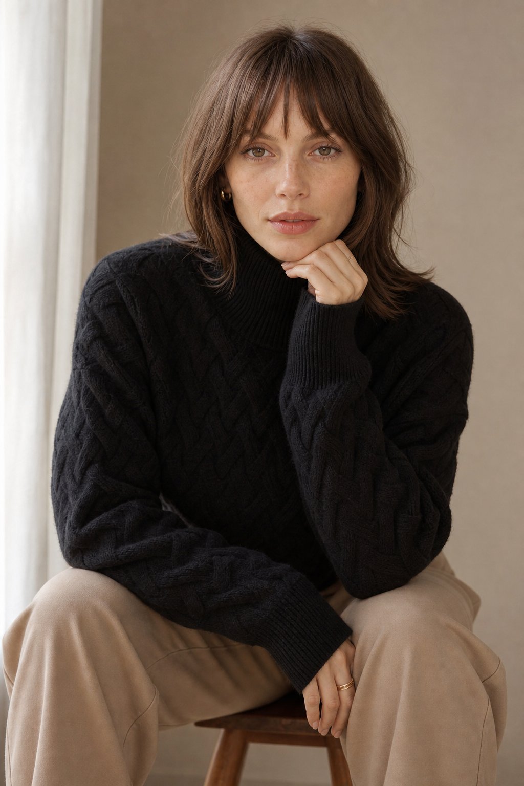Elspeth | Drop Shoulder Cable Knit Turtleneck Sweater - View 5
