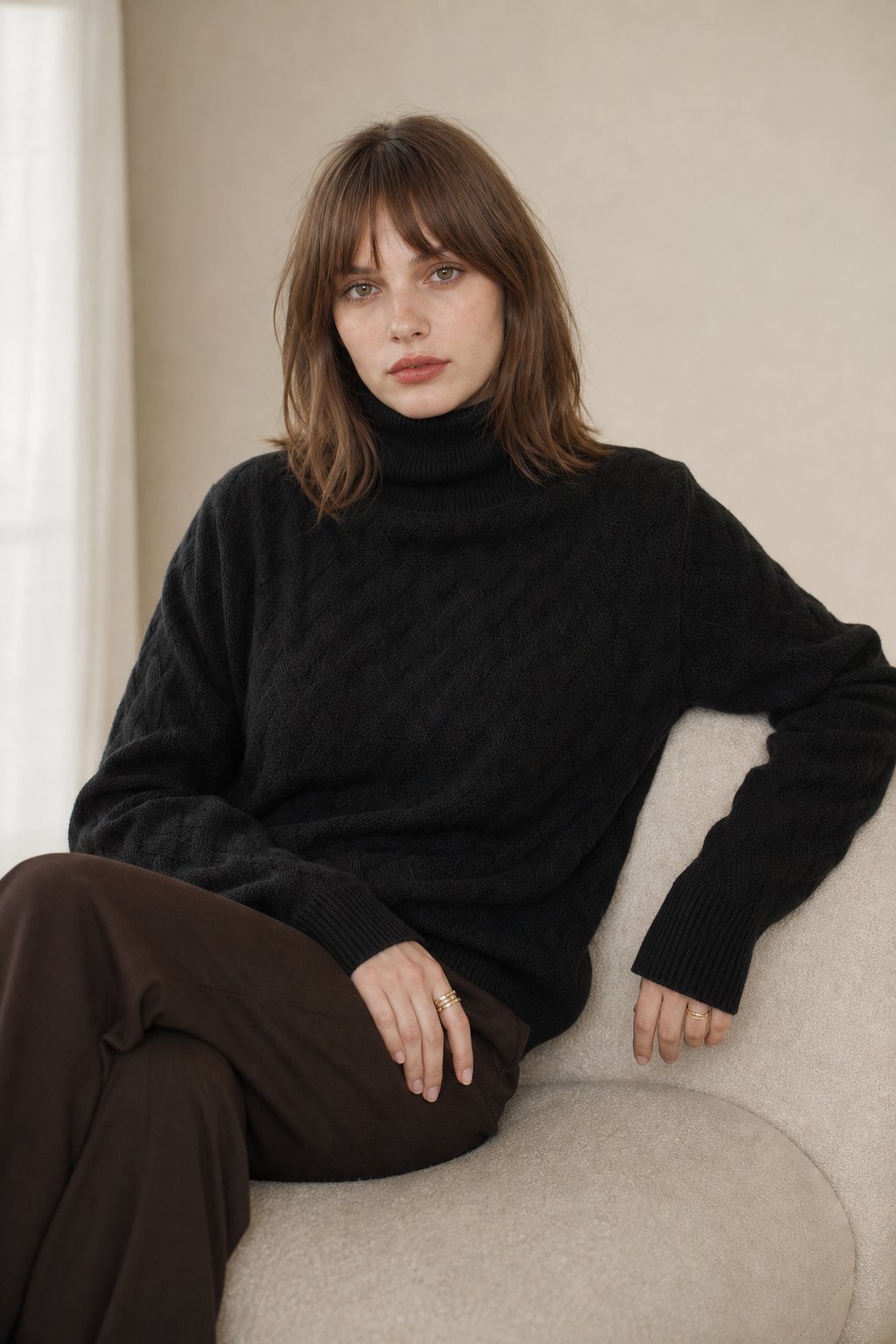 Elspeth | Drop Shoulder Cable Knit Turtleneck Sweater - View 6