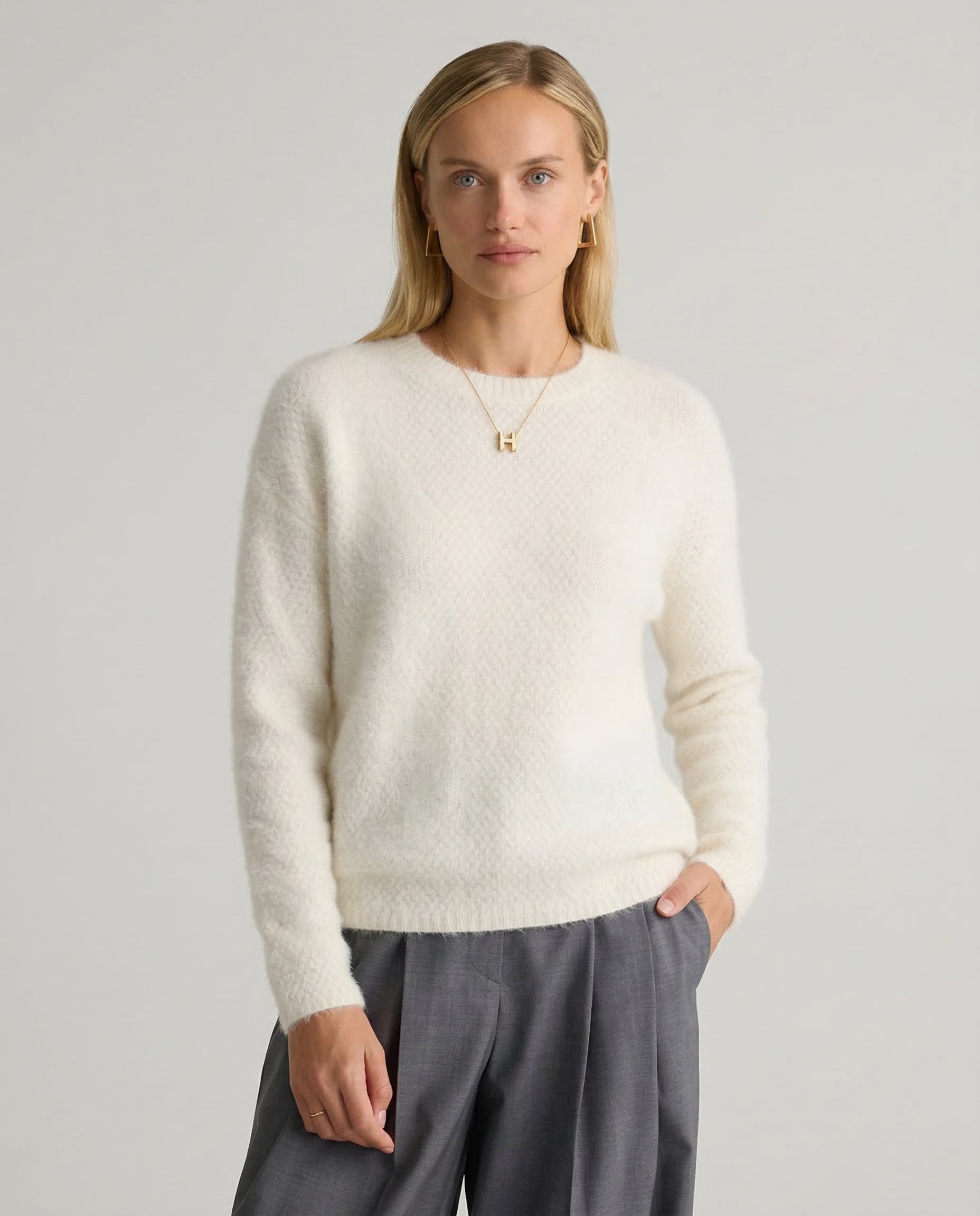 Esme | Honeycomb Textured 100% Merino Wool Crew Sweater - View 24
