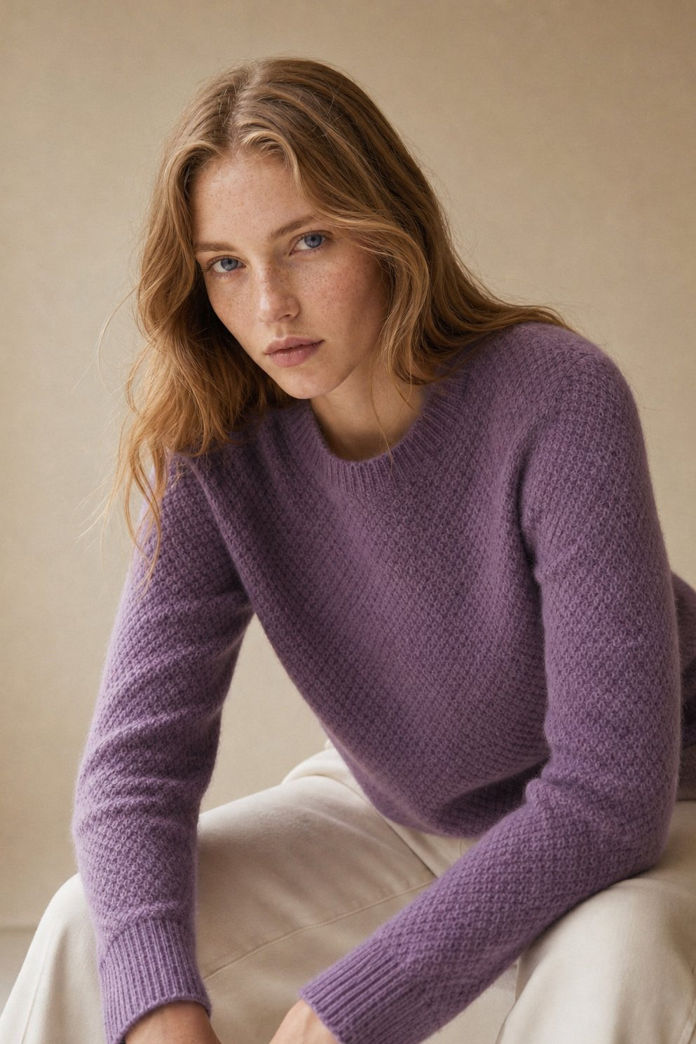 Esme | Honeycomb Textured 100% Merino Wool Crew Sweater - View 3