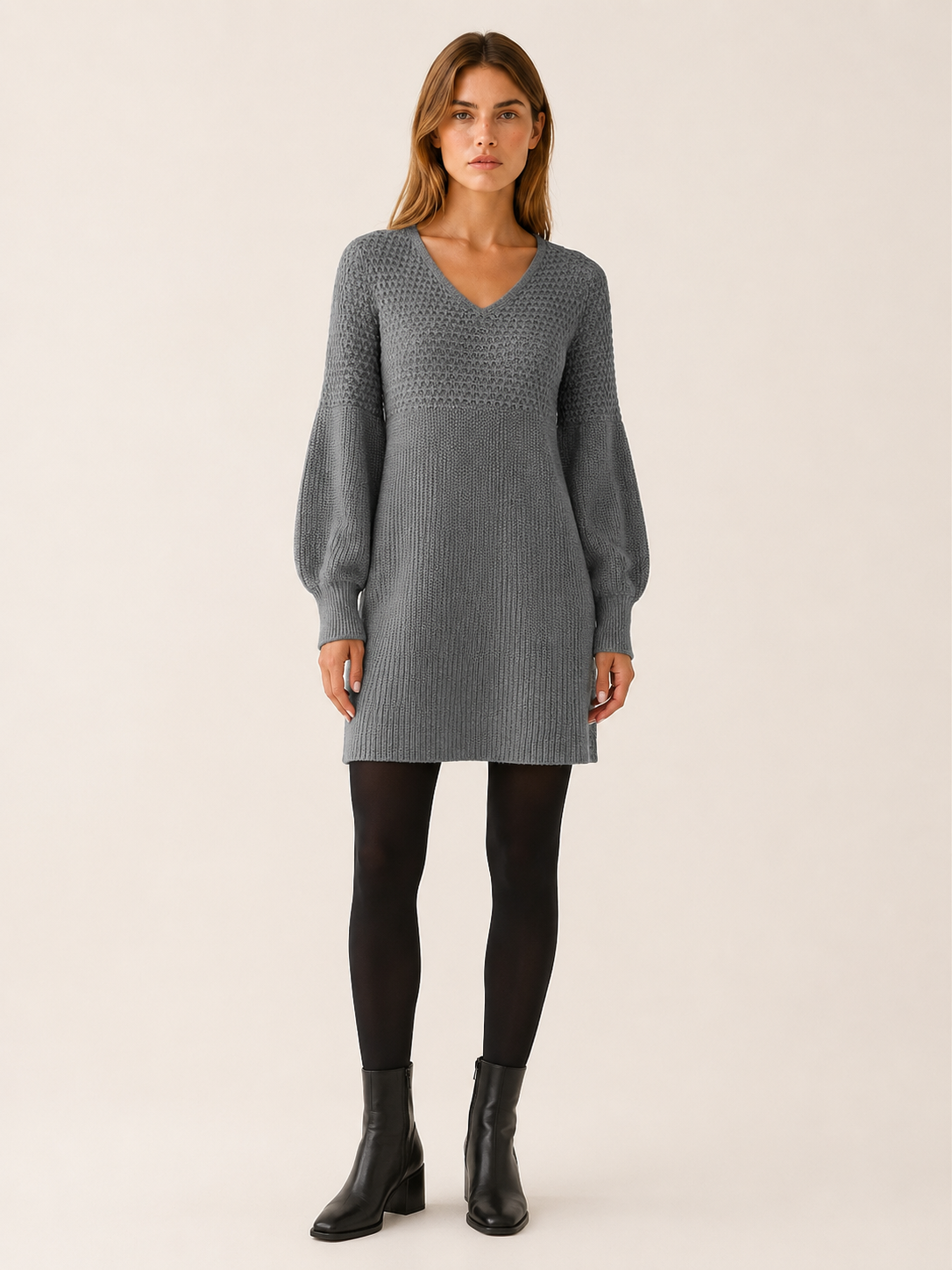 Fabienne | Honeycomb Yoke V Neck Balloon Sleeve Knit Dress