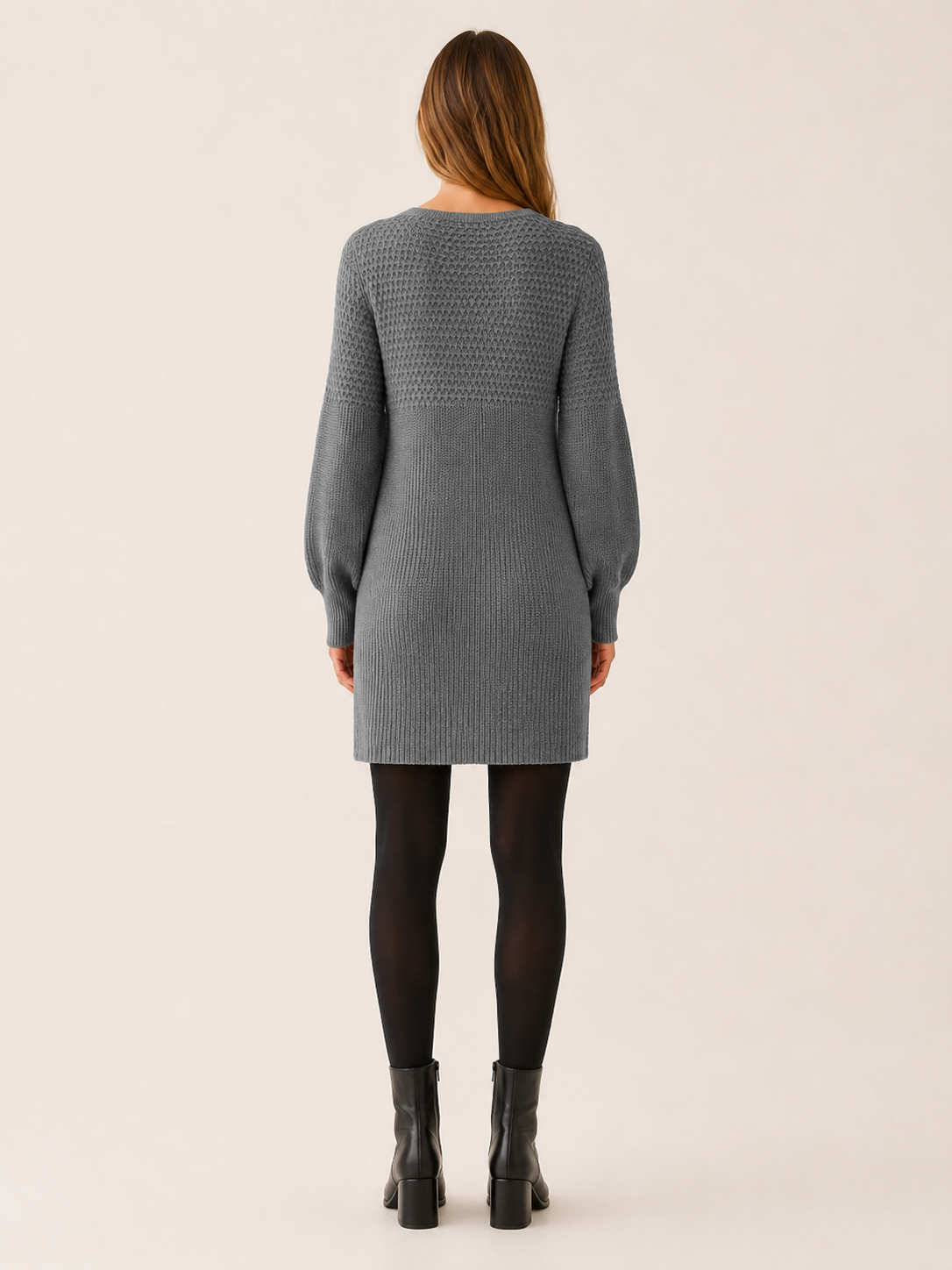 Fabienne | Honeycomb Yoke V Neck Balloon Sleeve Knit Dress - View 2
