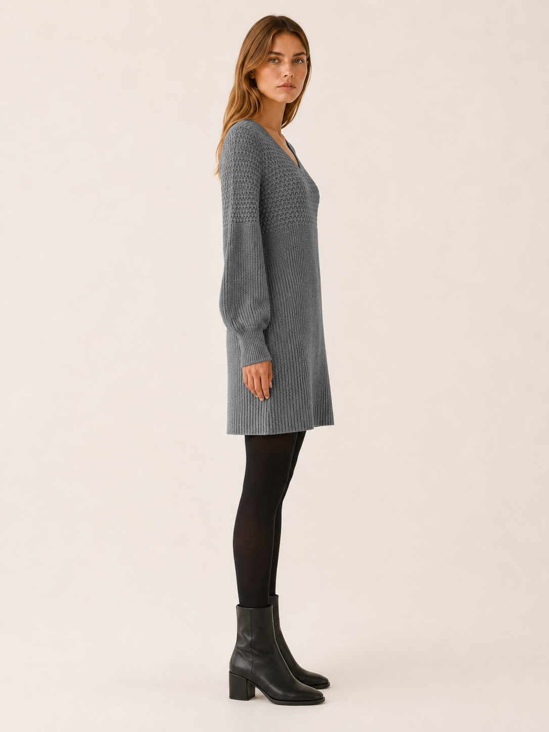 Fabienne | Honeycomb Yoke V Neck Balloon Sleeve Knit Dress - View 3