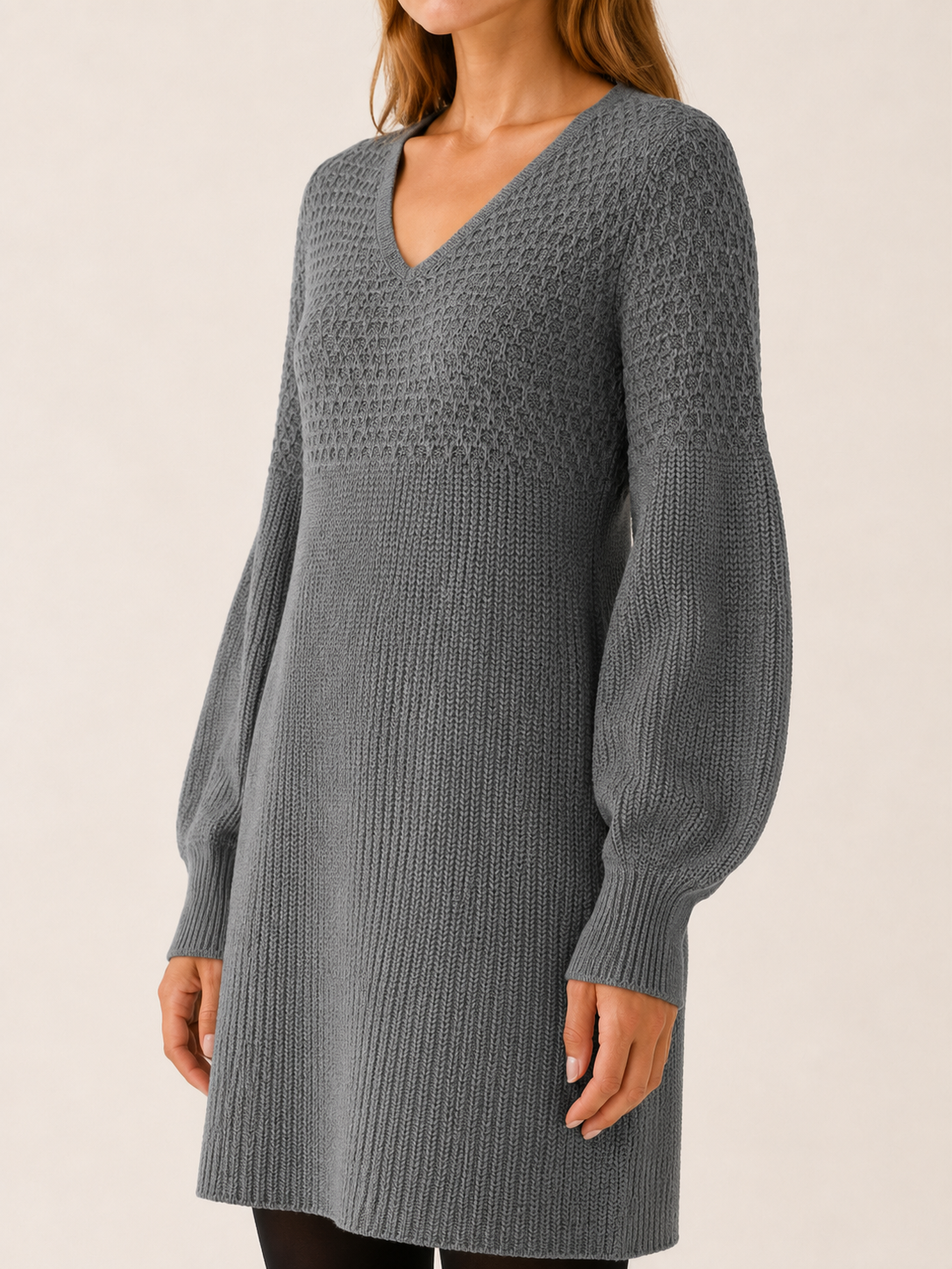 Fabienne | Honeycomb Yoke V Neck Balloon Sleeve Knit Dress - View 4