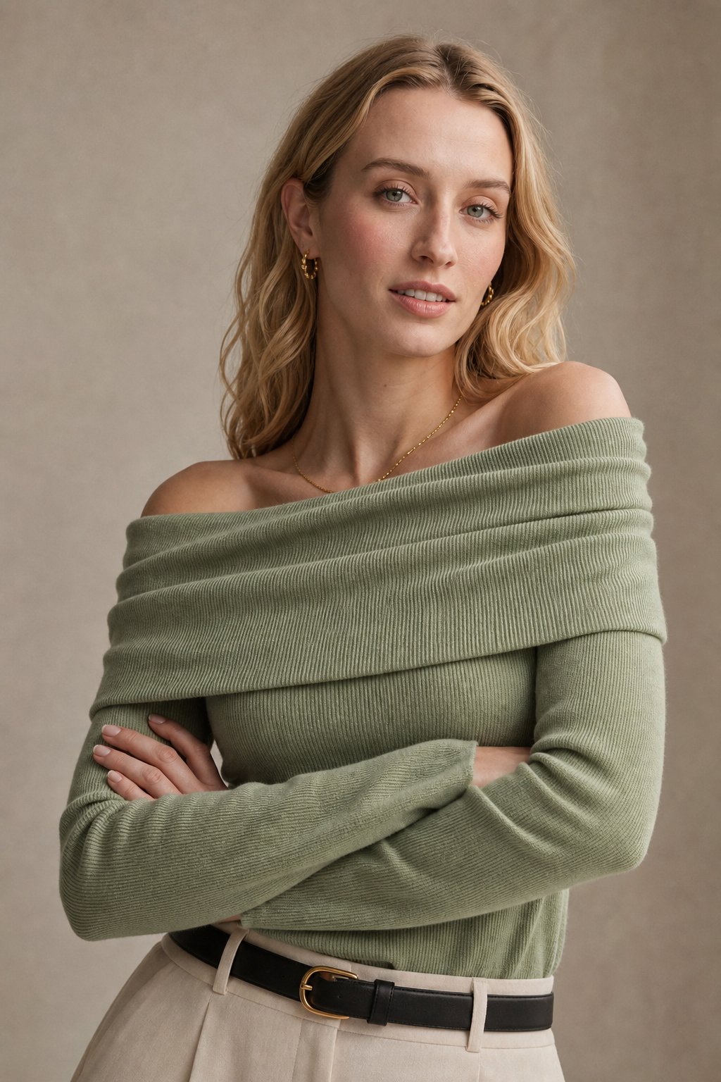 Faye | Ribbed Off Shoulder Fold Over Long Sleeve Knit Top