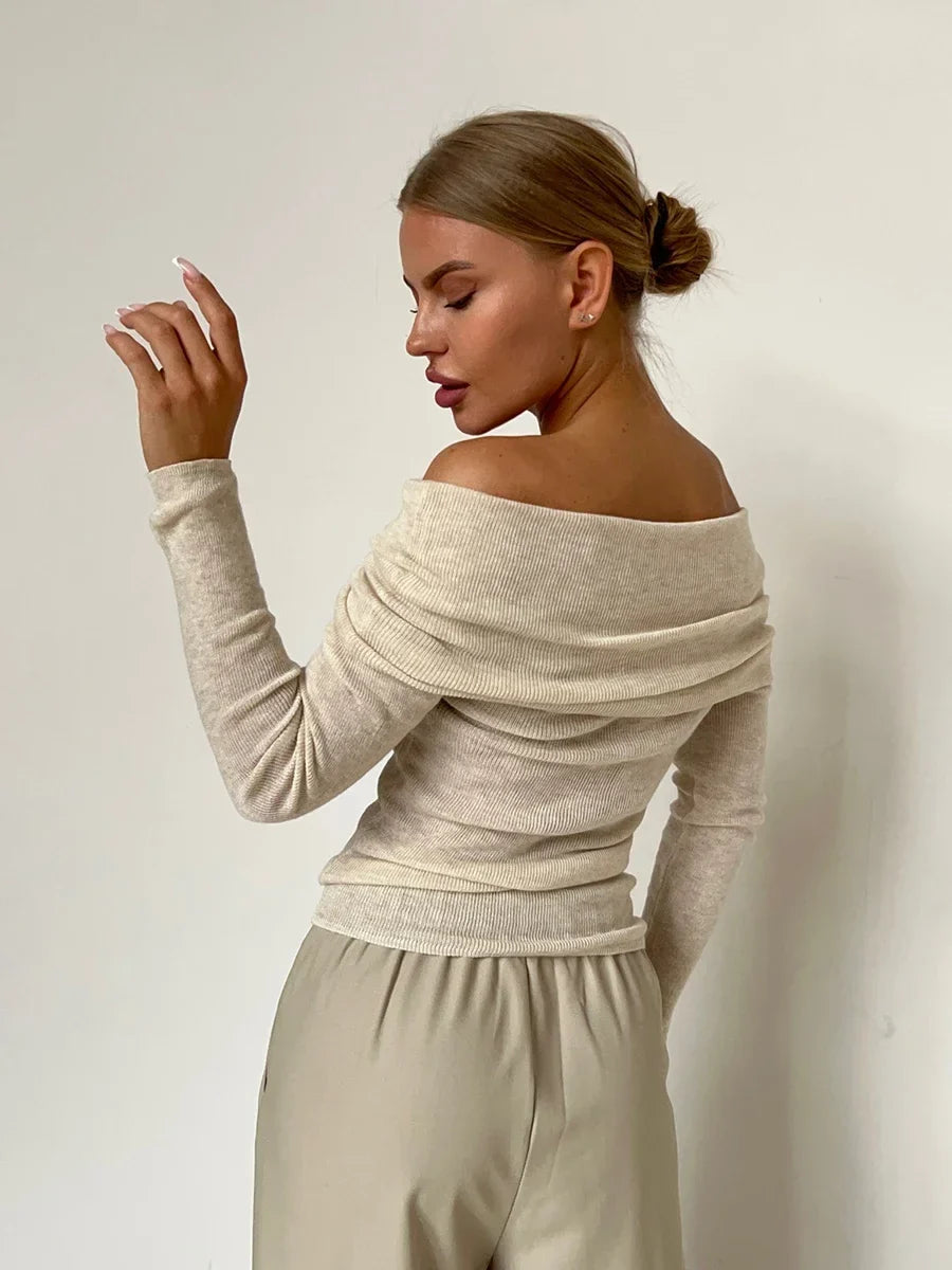 Faye | Ribbed Off Shoulder Fold Over Long Sleeve Knit Top - View 10