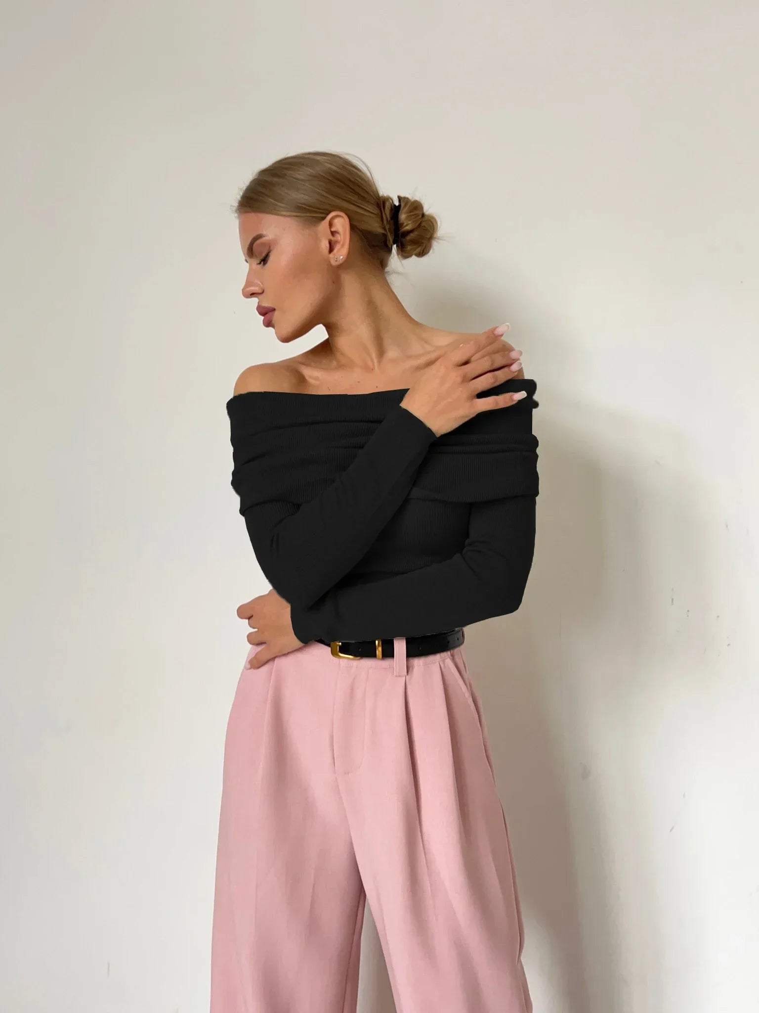 Faye | Ribbed Off Shoulder Fold Over Long Sleeve Knit Top - View 11