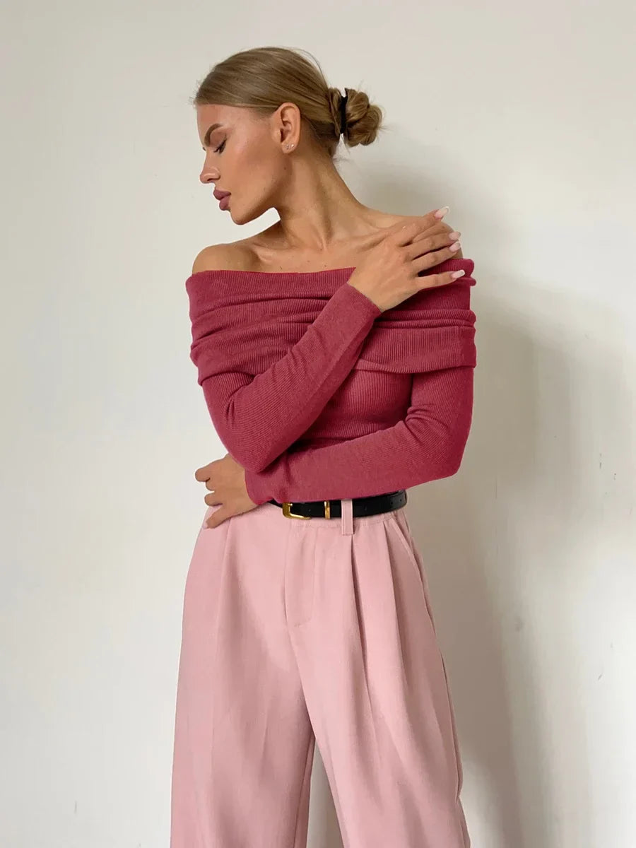 Faye | Ribbed Off Shoulder Fold Over Long Sleeve Knit Top - View 12