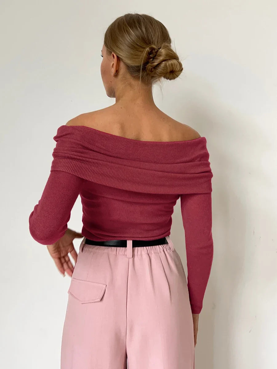 Faye | Ribbed Off Shoulder Fold Over Long Sleeve Knit Top - View 13